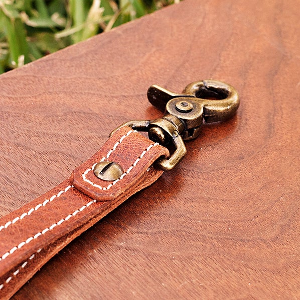 Brown Genuine Leather & Metal Jolly Roger Keychain